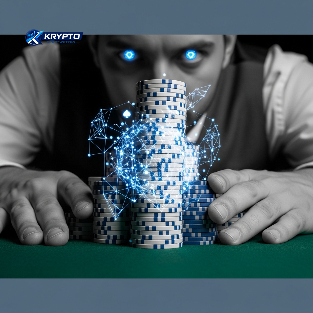 Eine Darstellung von künstlicher Intelligenz und Strategie, die die Wichtigkeit der Analyse bei der Auswahl einer Liga für Krypto-Sportwetten symbolisiert.