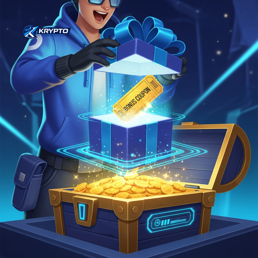 Eine leuchtende Geschenkbox enthüllt einen Bonus-Coupon, der den einfachen Einstieg und die Willkommensvorteile beim Crypto Sports Betting symbolisiert.