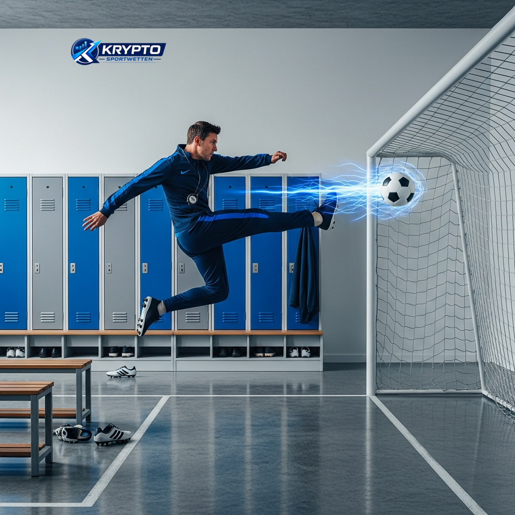 Ein Fußballspieler erzielt ein kraftvolles Tor, das die Dynamik und Spannung von Fußballwetten mit Bitcoin Odds repräsentiert.
