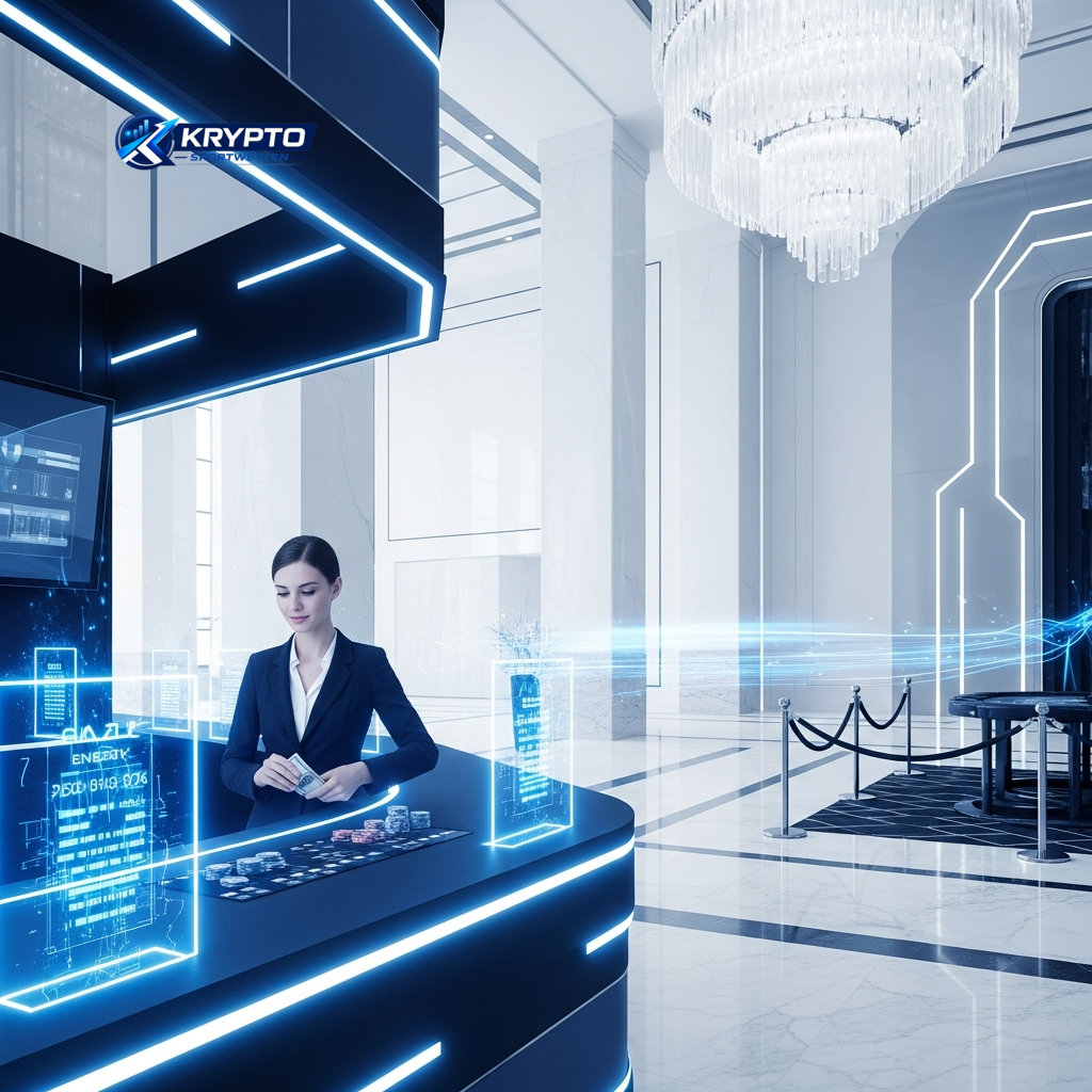 Eine futuristische Dealerin an einem High-Tech-Schalter, die bereit ist, häufig gestellte Fragen zu Krypto-Wetten zu beantworten.
