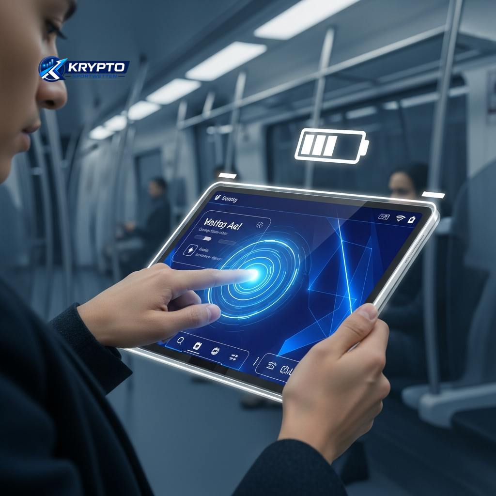 Eine Person nutzt ein futuristisches Tablet für Live-Wetten auf Basketball, was die schnellen Transaktionen im Crypto Betting symbolisiert.