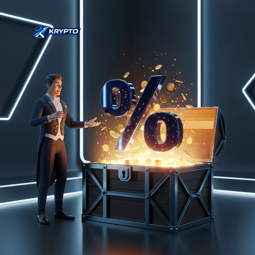 Ein Mann präsentiert ein leuchtendes Prozentzeichen vor einer Schatztruhe, was die vorteilhaften Quoten und finanziellen Vorteile des Crypto Betting darstellt.