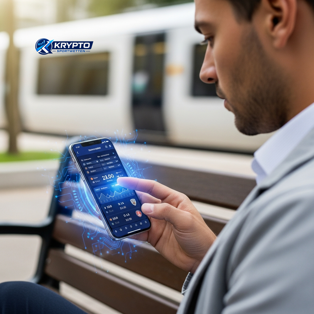 Ein Mann überprüft Sportwetten-Quoten auf seinem Smartphone, was das moderne Crypto Betting auf diverse Sportarten symbolisiert.