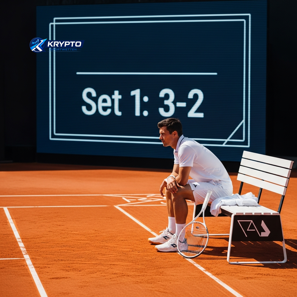A tennis player observing the court from a bench with a scoreboard in the background, representing the historical head-to-head record between New Zealand and Egypt.