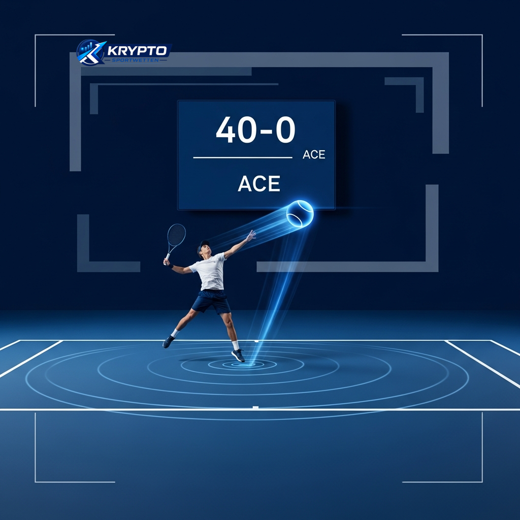 Ein Tennisspieler schlägt ein Ass auf einem futuristischen Platz, das die Präzision und Geschwindigkeit von Live-Tenniswetten mit Krypto hervorhebt.